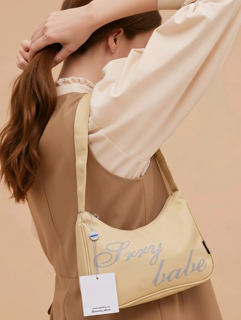 Zemeta ✦ Yellow “Sorry Babe” Hobo Bag ✦ Embroidered Slogan Zip Shoulder Purse